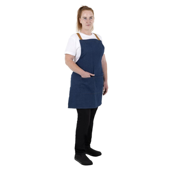 Southside Schürze in kurzer Länge mit X-Rücken Denim Blau mit Tan-Trägern 8 Southside Schürze in kurzer Länge mit X-Rücken Denim Blau mit Tan-Trägern