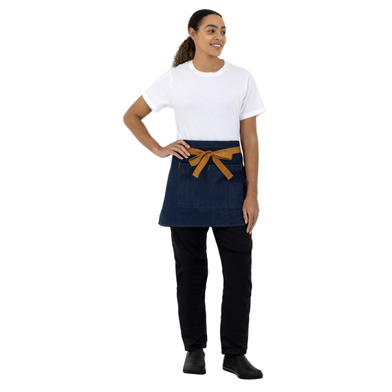 Southside kurze Bistroschürze Denim blau mit hellbraunen Bändern 4 Southside kurze Bistroschürze Denim blau mit hellbraunen Bändern