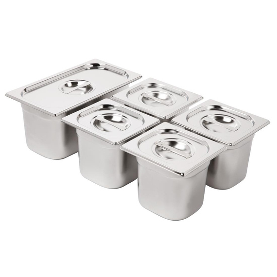 Vogue Edelstahl Gastronorm Schalen Set 1/3 und 4 x 1/6 mit Deckeln 5 Vogue Edelstahl Gastronorm Schalen Set 1/3 und 4 x 1/6 mit Deckeln