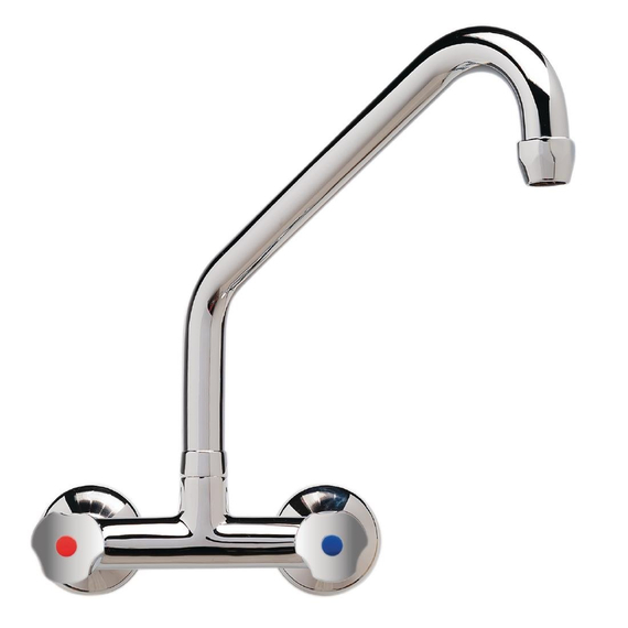 Gastro M professioneller Duoblock Mischhahn zur Wandmontage mit Drehknöpfen und hohem Auslauf 25cm Gastro M professioneller Duoblock Mischhahn zur Wandmontage mit Drehknöpfen und hohem Auslauf 25cm