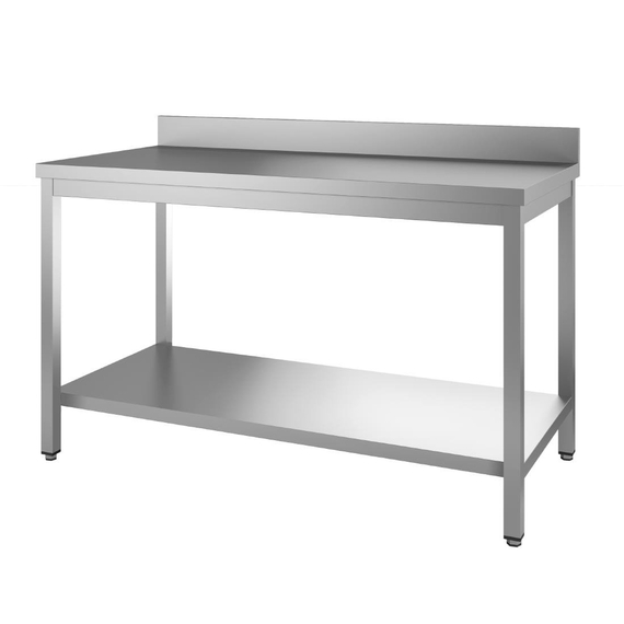 Gastro M Arbeitstisch aus Edelstahl mit Aufkantung und Regalboden 150cm Gastro M Arbeitstisch aus Edelstahl mit Aufkantung und Regalboden 150cm