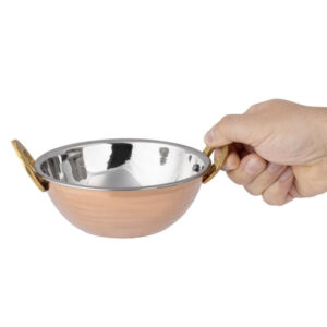 Olympia Kupfer Kadai Schüssel Edelstahl Messinggriffe 400ml