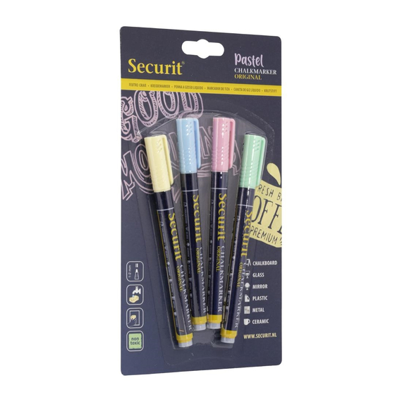 Securit Flüssigkreidemarker pastell 1-2mm Spitze in grün, blau, gelb, lila (4 Stück) 1 Securit Flüssigkreidemarker pastell 1-2mm Spitze in grün, blau, gelb, lila (4 Stück)