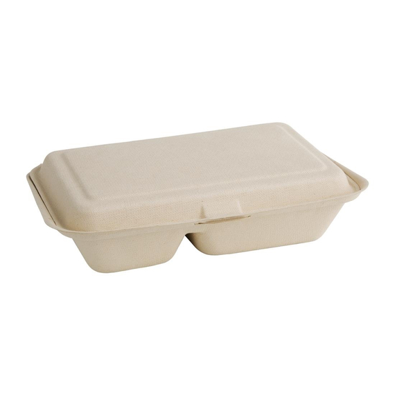 Fiesta Compostable kompostierbare Bagasse Lebensmittelboxen 2 Fächer Naturfarbe 253 mm (200 Stück) Fiesta Compostable kompostierbare Bagasse Lebensmittelboxen 2 Fächer Naturfarbe 253 mm (200 Stück)