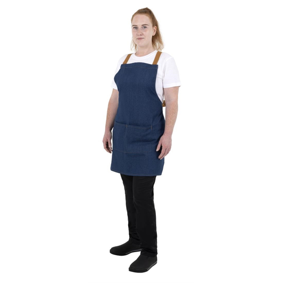 Southside Schürze in kurzer Länge mit X-Rücken Denim Blau mit Tan-Trägern 9 Southside Schürze in kurzer Länge mit X-Rücken Denim Blau mit Tan-Trägern
