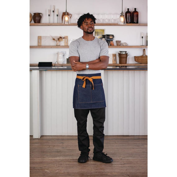 Southside kurze Bistroschürze Denim blau mit hellbraunen Bändern 1 Southside kurze Bistroschürze Denim blau mit hellbraunen Bändern