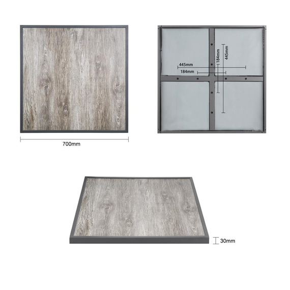 Bolero-Tischplatte aus gehärtetem Glas mit Holzmaserungseffekt für den Außenbereich, graue Zierleiste, 700 mm 5 Bolero-Tischplatte aus gehärtetem Glas mit Holzmaserungseffekt für den Außenbereich, graue Zierleiste, 700 mm