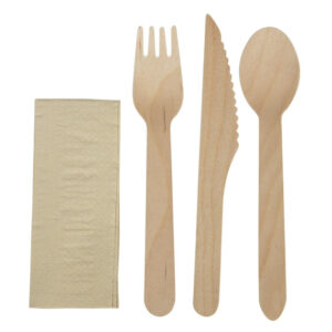 eGreen Einzeln in Kraftpapier verpacktes 4-in-1-Holzbesteck-Set (250 Stück)