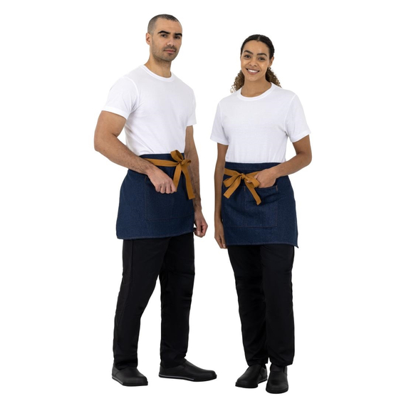 Southside kurze Bistroschürze Denim blau mit hellbraunen Bändern 3 Southside kurze Bistroschürze Denim blau mit hellbraunen Bändern