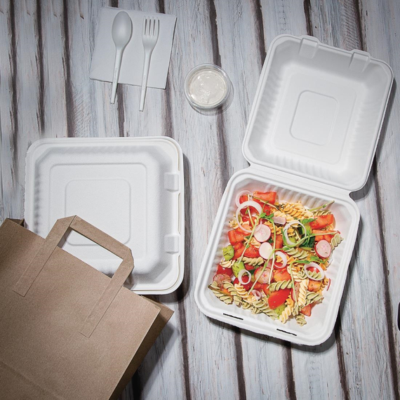 Fiesta Compostable kompostierbare Menüboxen aus Bagasse mit Klappdeckel 22,3cm (200 Stück) 6 Fiesta Compostable kompostierbare Menüboxen aus Bagasse mit Klappdeckel 22,3cm (200 Stück)
