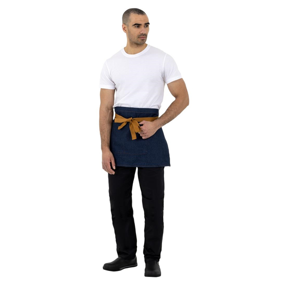 Southside kurze Bistroschürze Denim blau mit hellbraunen Bändern 2 Southside kurze Bistroschürze Denim blau mit hellbraunen Bändern