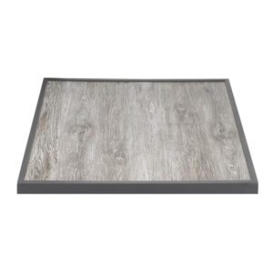 Bolero-Tischplatte aus gehärtetem Glas mit Holzmaserungseffekt für den Außenbereich, graue Zierleiste, 700 mm
