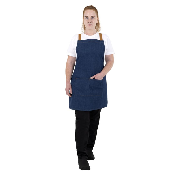 Southside Schürze in kurzer Länge mit X-Rücken Denim Blau mit Tan-Trägern 7 Southside Schürze in kurzer Länge mit X-Rücken Denim Blau mit Tan-Trägern