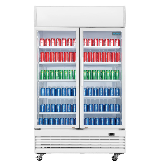 Polar G-Serie Zweitürige Displaykühlung mit Leuchtkasten 950L Schwingtüren Polar G-Serie Zweitürige Displaykühlung mit Leuchtkasten 950L Schwingtüren