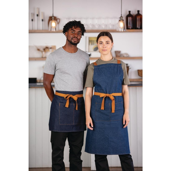 Southside kurze Bistroschürze Denim blau mit hellbraunen Bändern Southside kurze Bistroschürze Denim blau mit hellbraunen Bändern