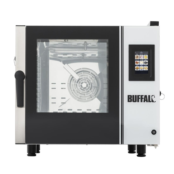 Buffalo Freistehender Smart Touchscreen Kompakt Kombi Ofen 6 Stück GN 1/1 mit Installationskit und Dunstabzugshaube Buffalo Freistehender Smart Touchscreen Kompakt Kombi Ofen 6 Stück GN 1/1 mit Installationskit und Dunstabzugshaube