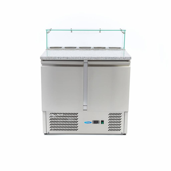 Maxima Gastro Pizzakühltisch - 90 cm - 2 Türen - Passt 5 x 1/6 GN - inkl. Glasabdeckung 2 Maxima Gastro Pizzakühltisch - 90 cm - 2 Türen - Passt 5 x 1/6 GN - inkl. Glasabdeckung