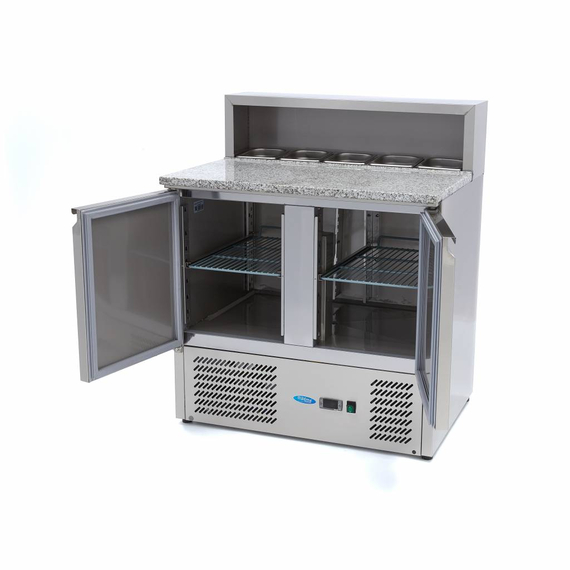 Maxima Gastro Pizzakühltisch - 90 cm - 2 Türen - Passt 5 x 1/6 GN - inkl. Edelstahlabdeckung 5 Maxima Gastro Pizzakühltisch - 90 cm - 2 Türen - Passt 5 x 1/6 GN - inkl. Edelstahlabdeckung