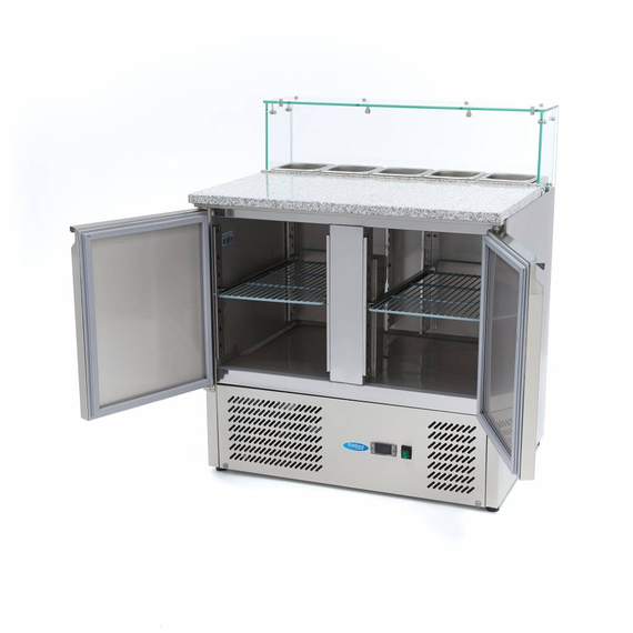 Maxima Gastro Pizzakühltisch - 90 cm - 2 Türen - Passt 5 x 1/6 GN - inkl. Glasabdeckung 1 Maxima Gastro Pizzakühltisch - 90 cm - 2 Türen - Passt 5 x 1/6 GN - inkl. Glasabdeckung